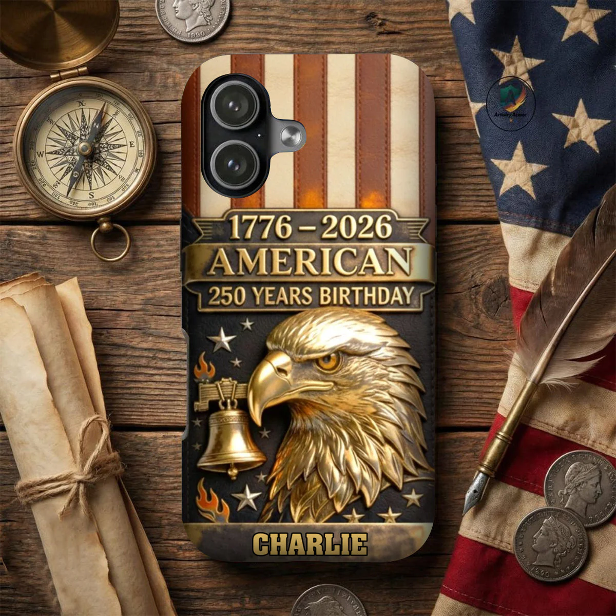 250th Anniversary - Personalized Bald Eagle Leather Phone Case - Image 2