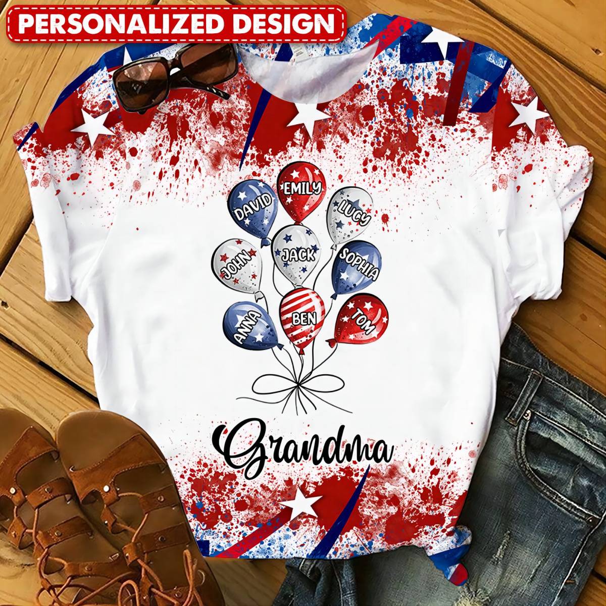 4th July Grandma Mom Little Balloon Kids American Flag Pattern Personalized 3D T-shirt - Image 3