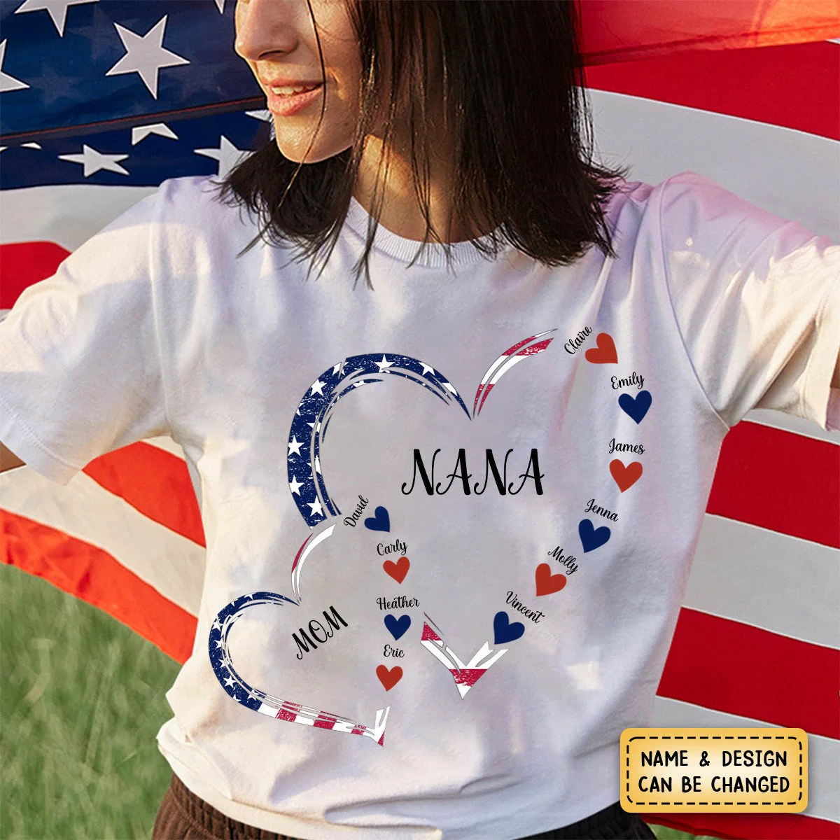 4th of July America Flag Heart Mom Grandma And Grandkids Hearts Personalized T-Shirt - Image 2