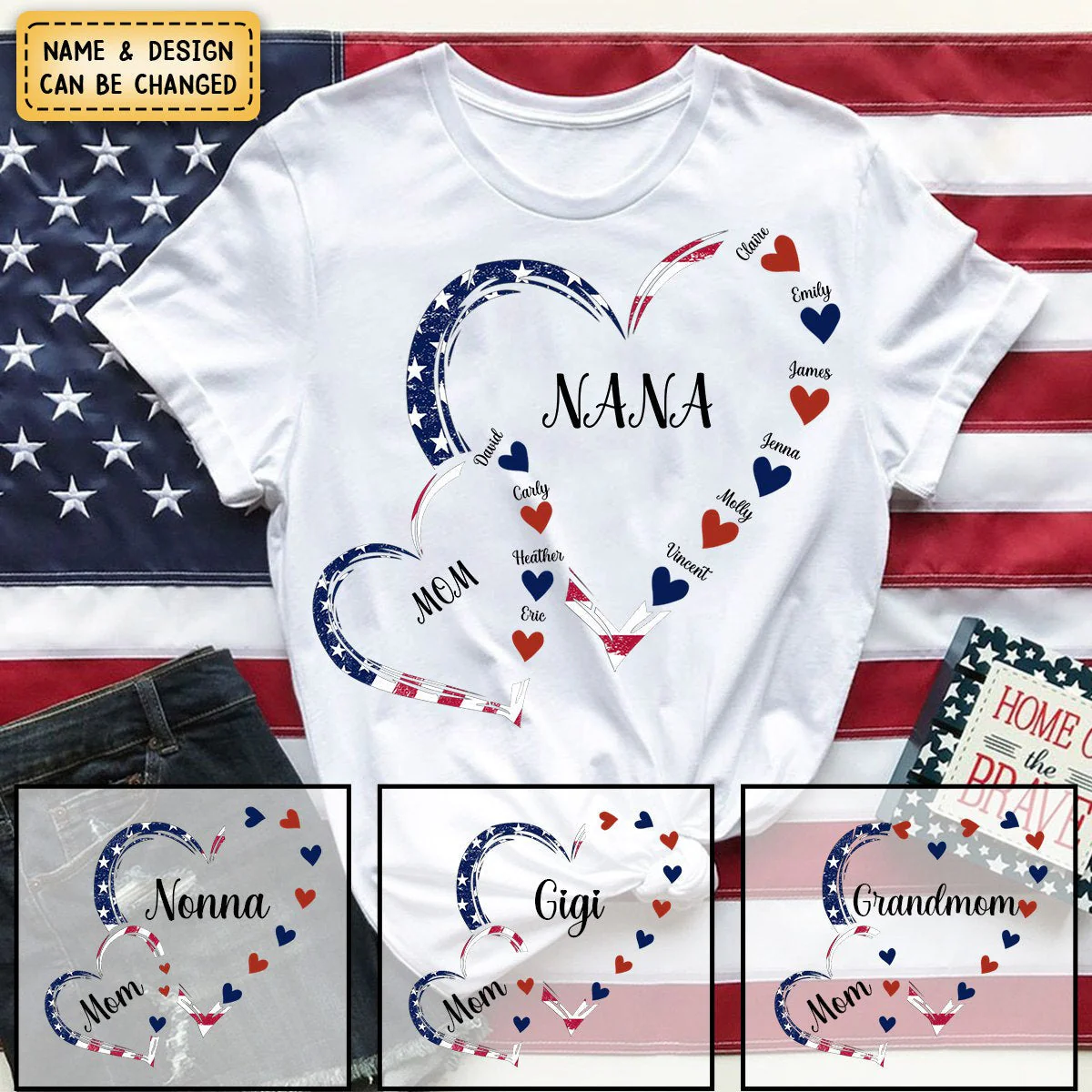 4th of July America Flag Heart Mom Grandma And Grandkids Hearts Personalized T-Shirt - Image 3