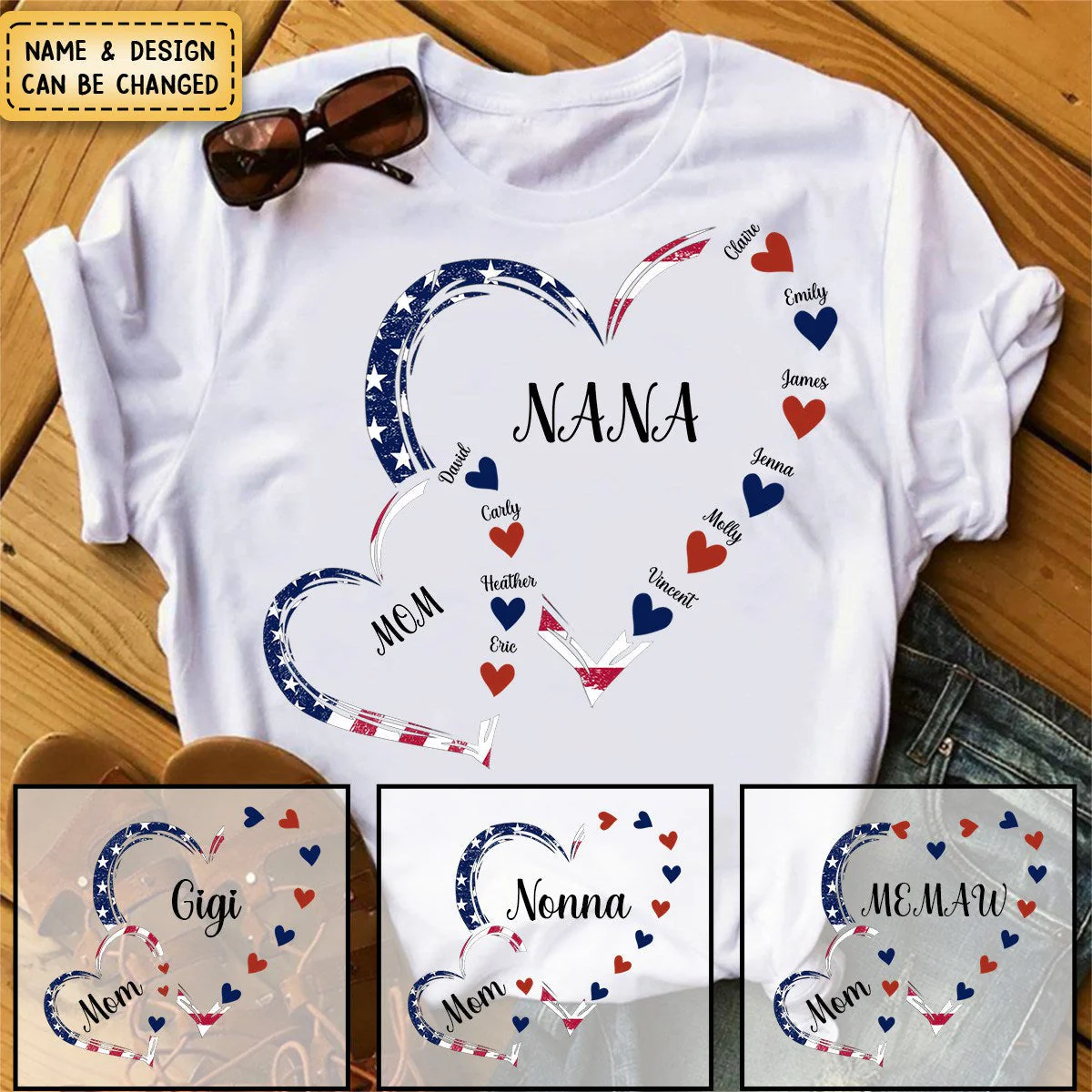 4th of July America Flag Heart Mom Grandma And Grandkids Hearts Personalized T-Shirt - Image 4