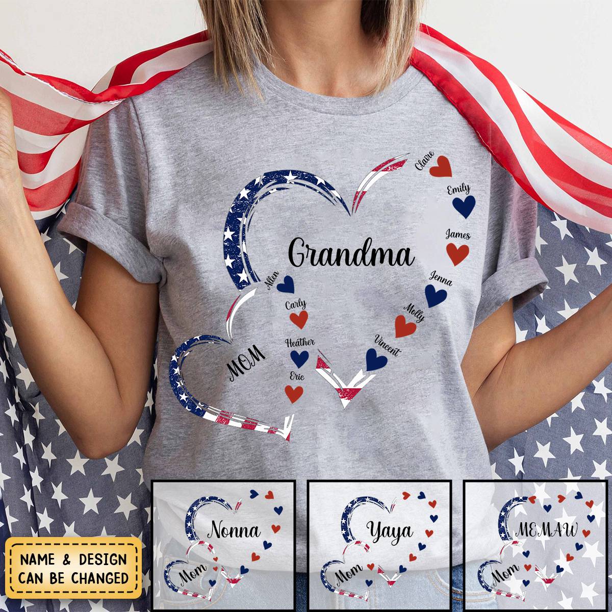 4th of July America Flag Heart Mom Grandma And Grandkids Hearts Personalized T-Shirt - Image 5