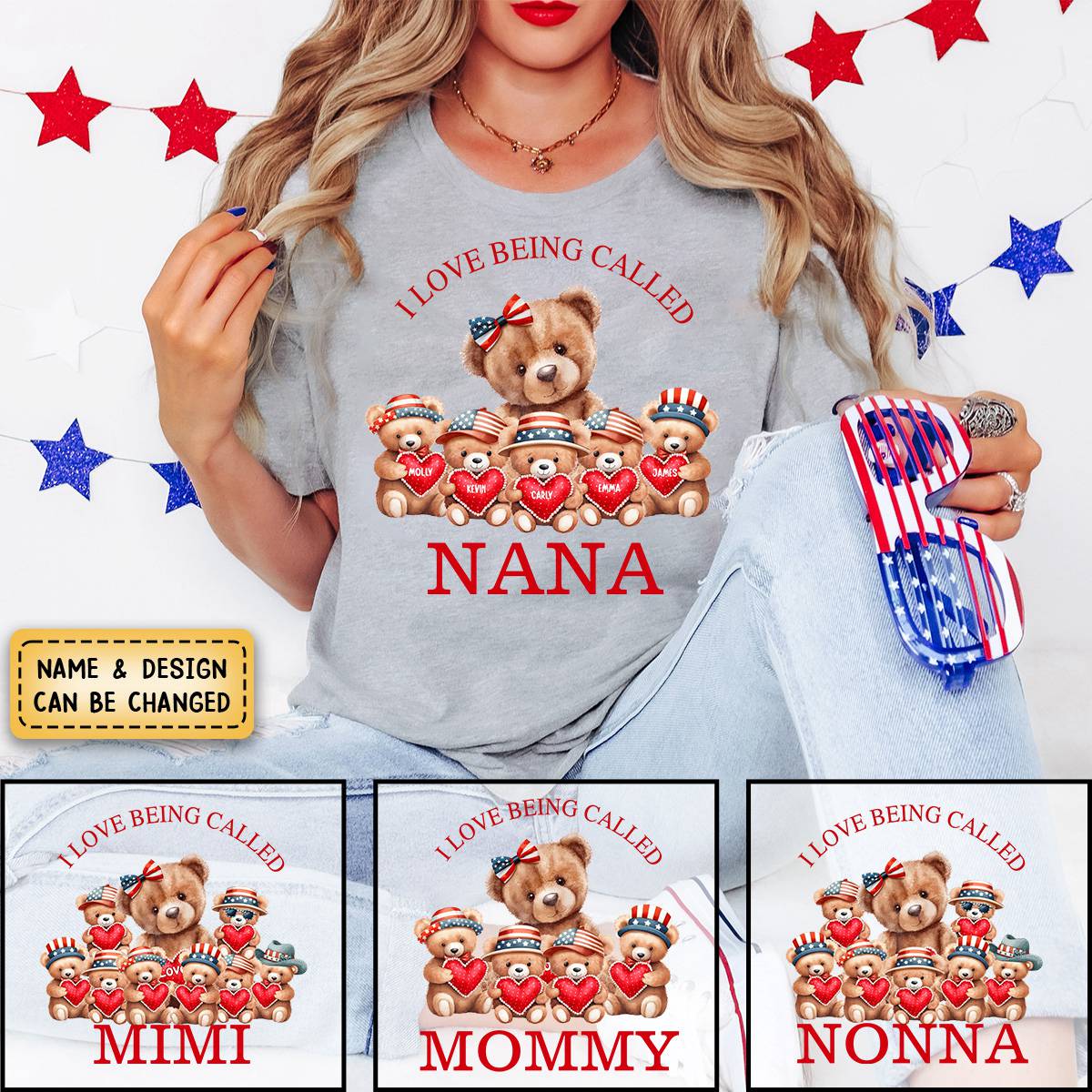 4th of July Grandma Bear with cute Grandkids Personalized T shirt - Image 3