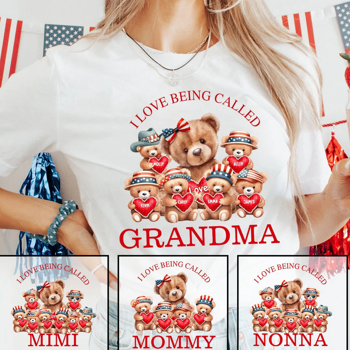 4th of July Grandma Bear with cute Grandkids Personalized T shirt - Image 5