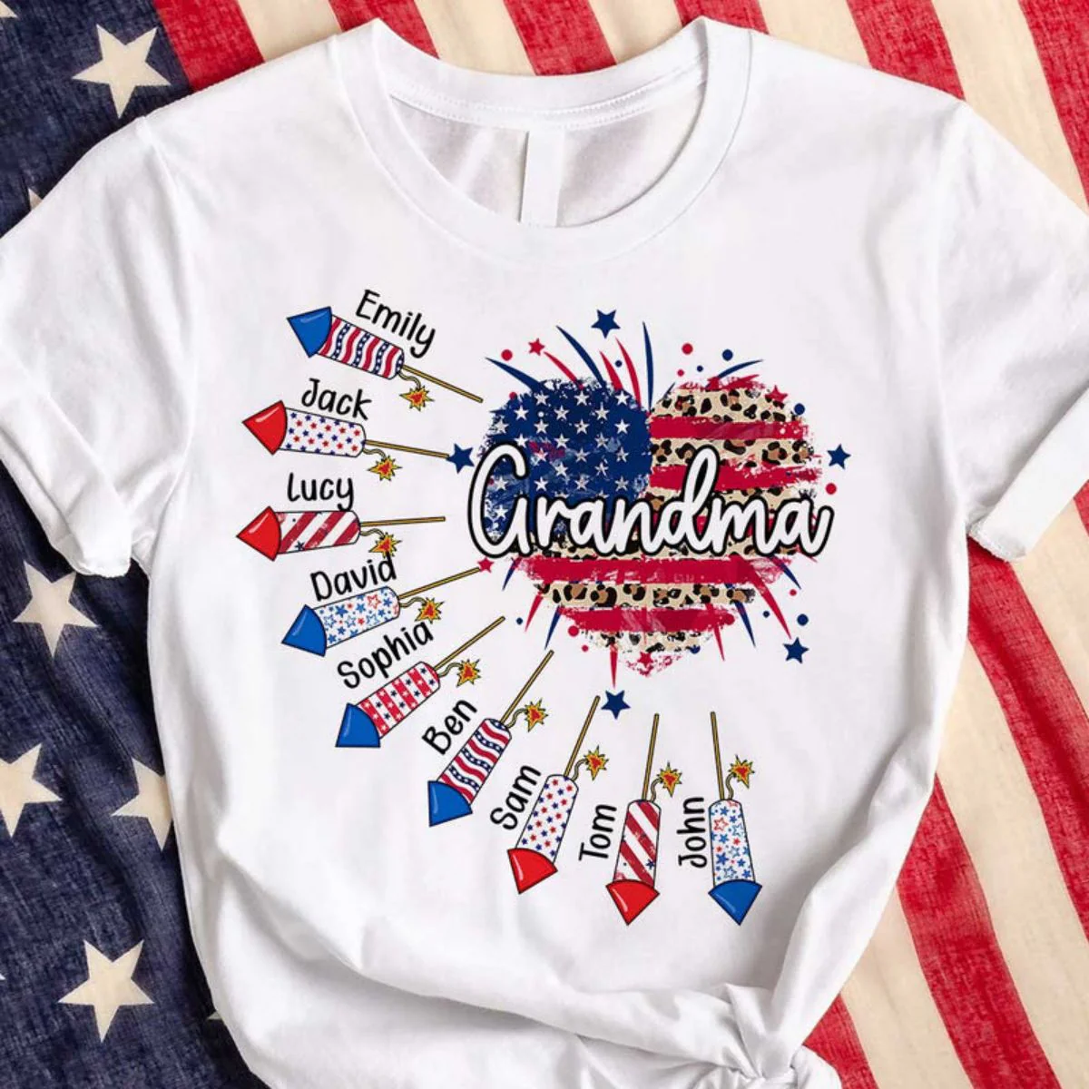 4th of July Heart Patriotic Firework Grandma with Grandkids Personalized Pure Cotton T-Shirt - Image 2