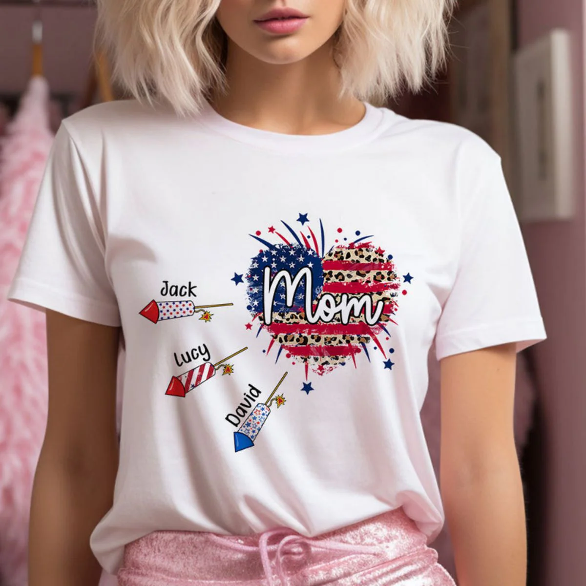 4th of July Heart Patriotic Firework Grandma with Grandkids Personalized Pure Cotton T-Shirt - Image 3