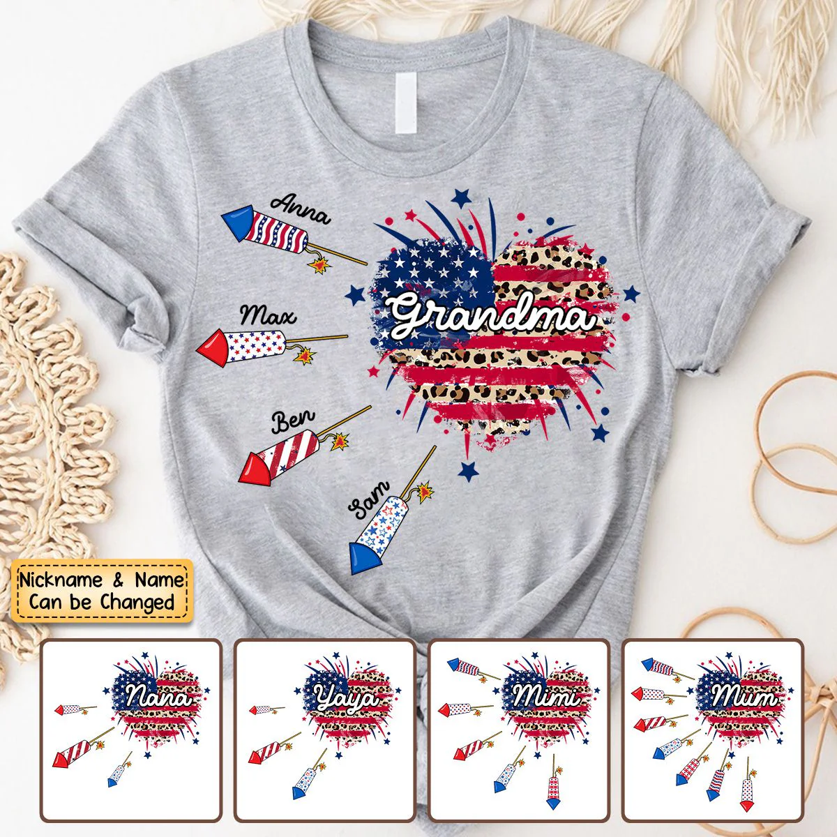 4th of July Heart Patriotic Firework Grandma with Grandkids Personalized Pure Cotton T-Shirt - Image 4