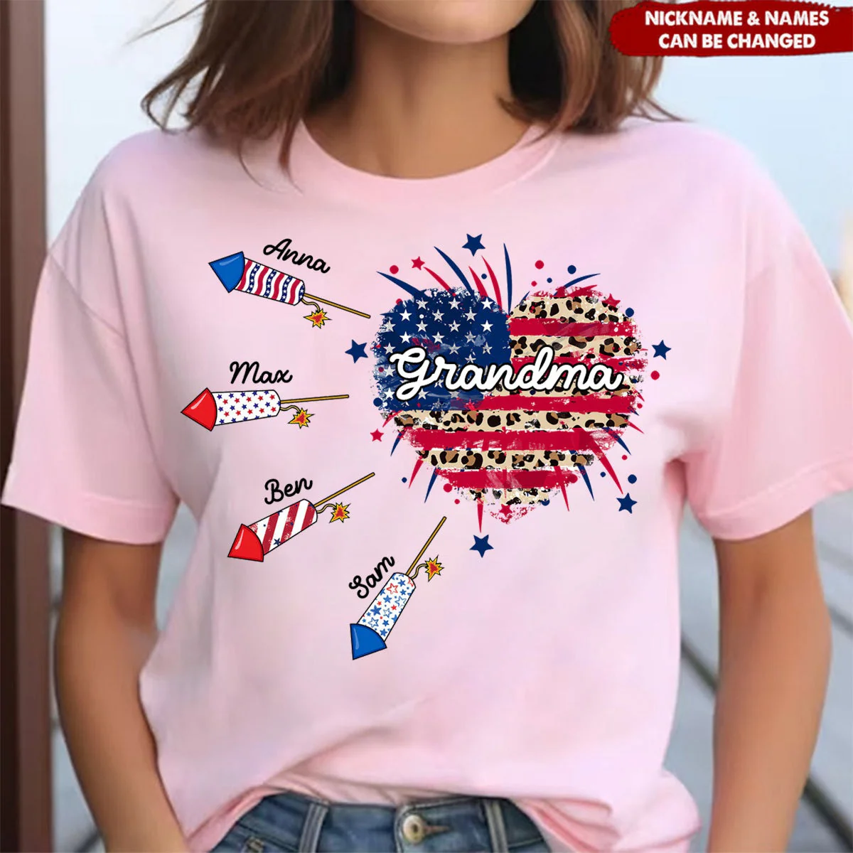 4th of July Heart Patriotic Firework Grandma with Grandkids Personalized Pure Cotton T-Shirt - Image 5