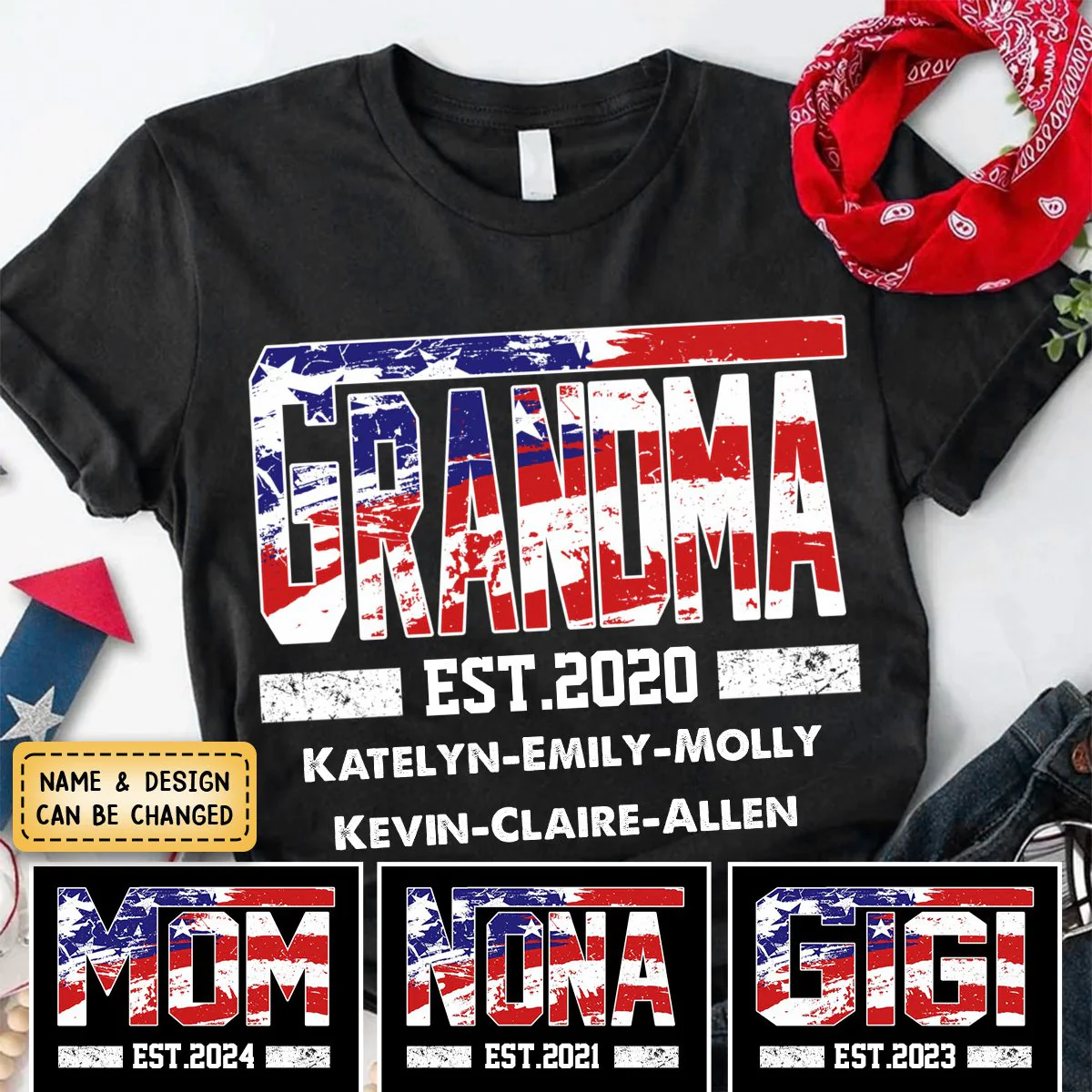 4th of July Nana Mom Est Year and Grandkids Personalized Pure Cotton T Shirt - Image 4