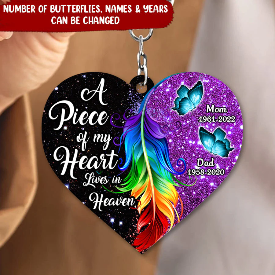 A Piece Of My Heart Lives In Heaven Butterfly Feather Personalized Memorial Heart Keychain - Image 2