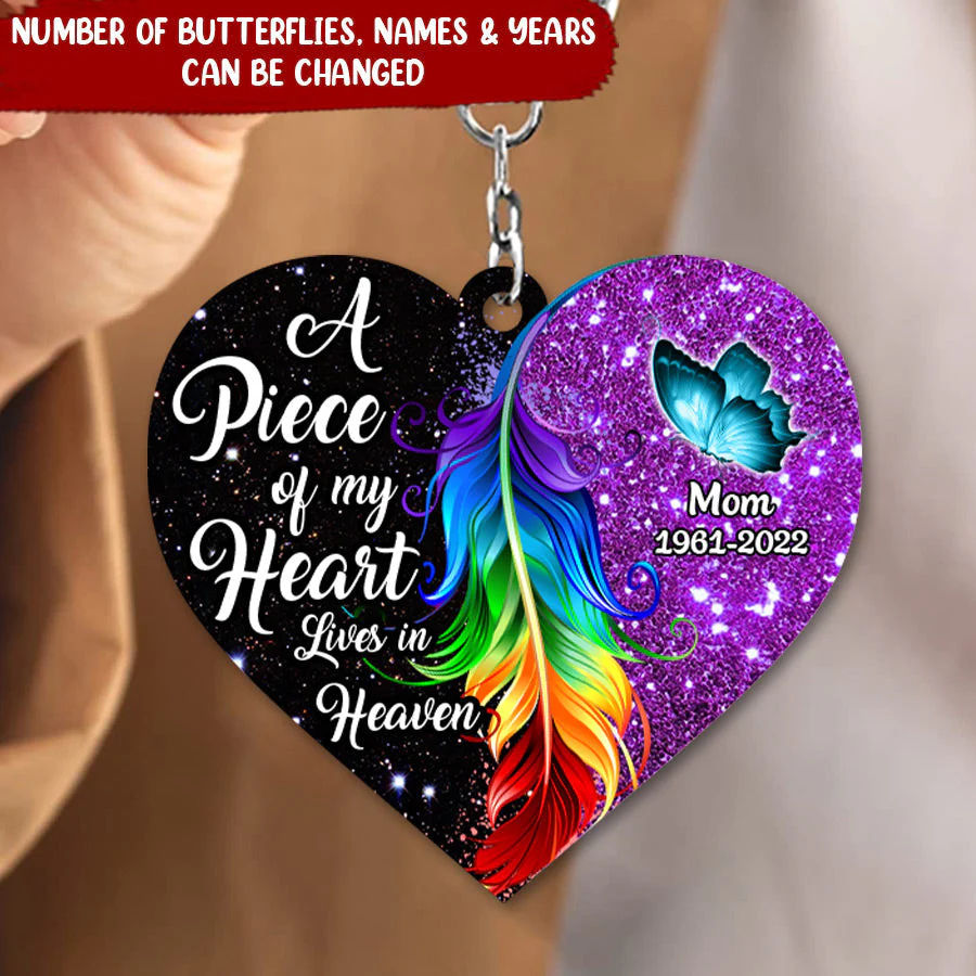 A Piece Of My Heart Lives In Heaven Butterfly Feather Personalized Memorial Heart Keychain - Image 3