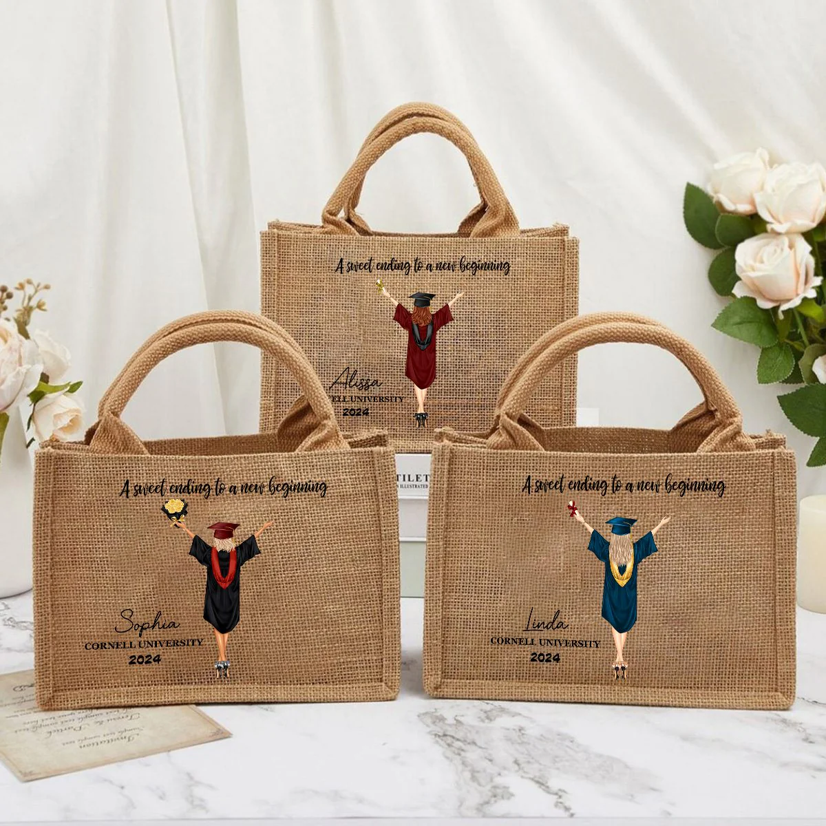 A Sweet Ending To A New Beginning - Personalized Jute Tote Bag - Graduation Gift - Image 3