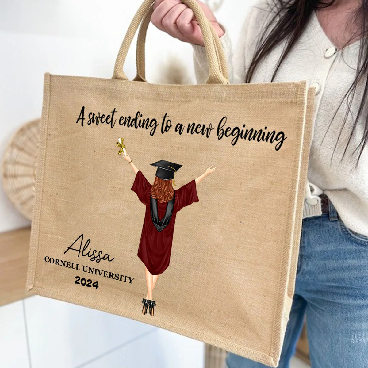 A Sweet Ending To A New Beginning - Personalized Jute Tote Bag - Graduation Gift - Image 4