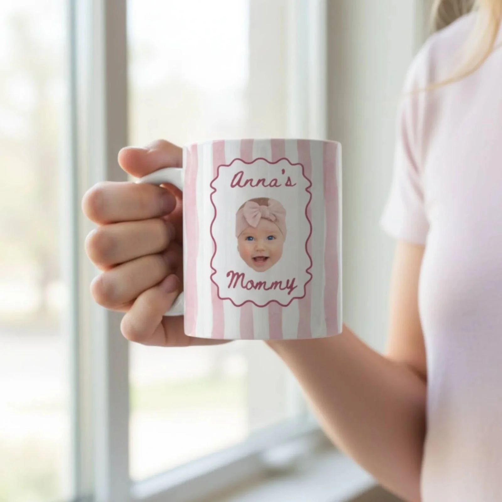 A Tiny Face, A Lifetime Of Love - Personalized Mug, Gift For Mom, Custom Photo Keepsake, Minimalist Pastel Color Stripe Design - Image 5