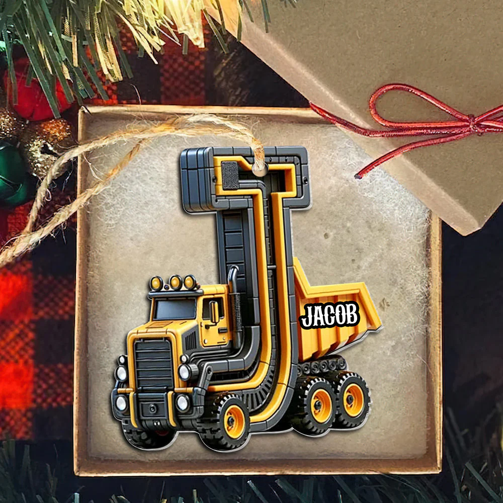 Alphabet Letter Construction Truck Personalized Christmas Acrylic Ornament - Image 2
