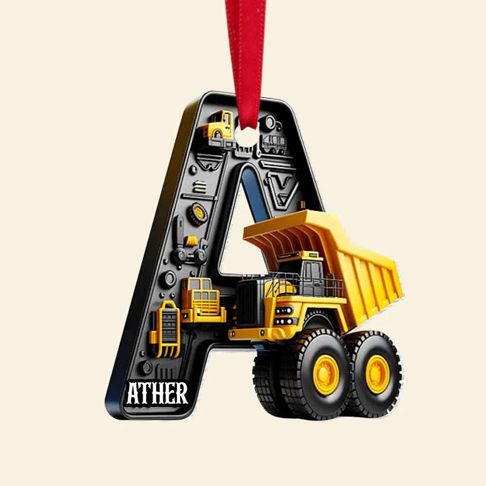Alphabet Letter Construction Truck Personalized Christmas Acrylic Ornament - Image 3
