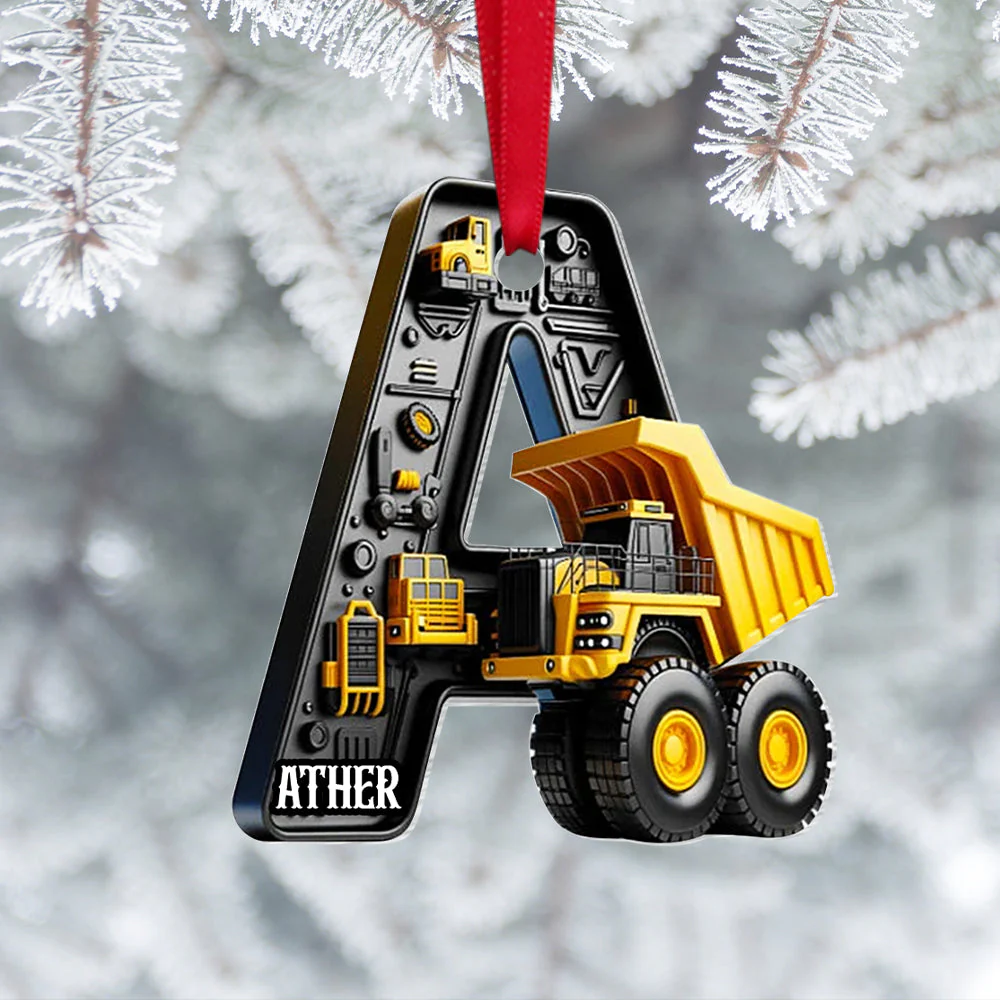 Alphabet Letter Construction Truck Personalized Christmas Acrylic Ornament - Image 4