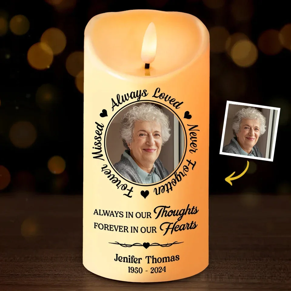 Always In Our Thoughts - Memorial Personalized Custom LED Candle - Image 2