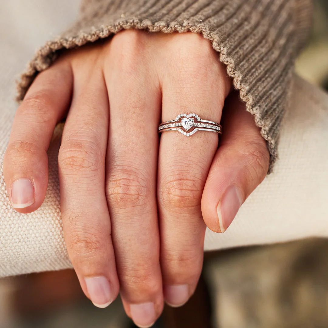 Always Keep Me In Your Heart - Mama & Daughter Layered Heart S925 Ring - Image 3