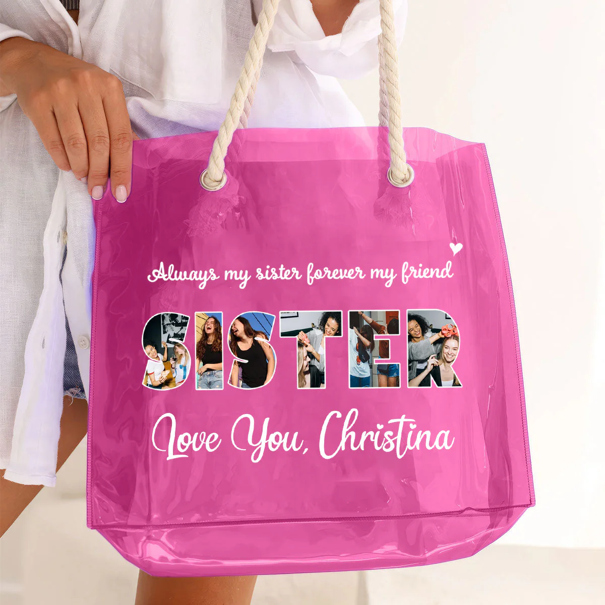 Always My Sister Forever My Friend Personalized Clear Beach Tote Bag - Image 3