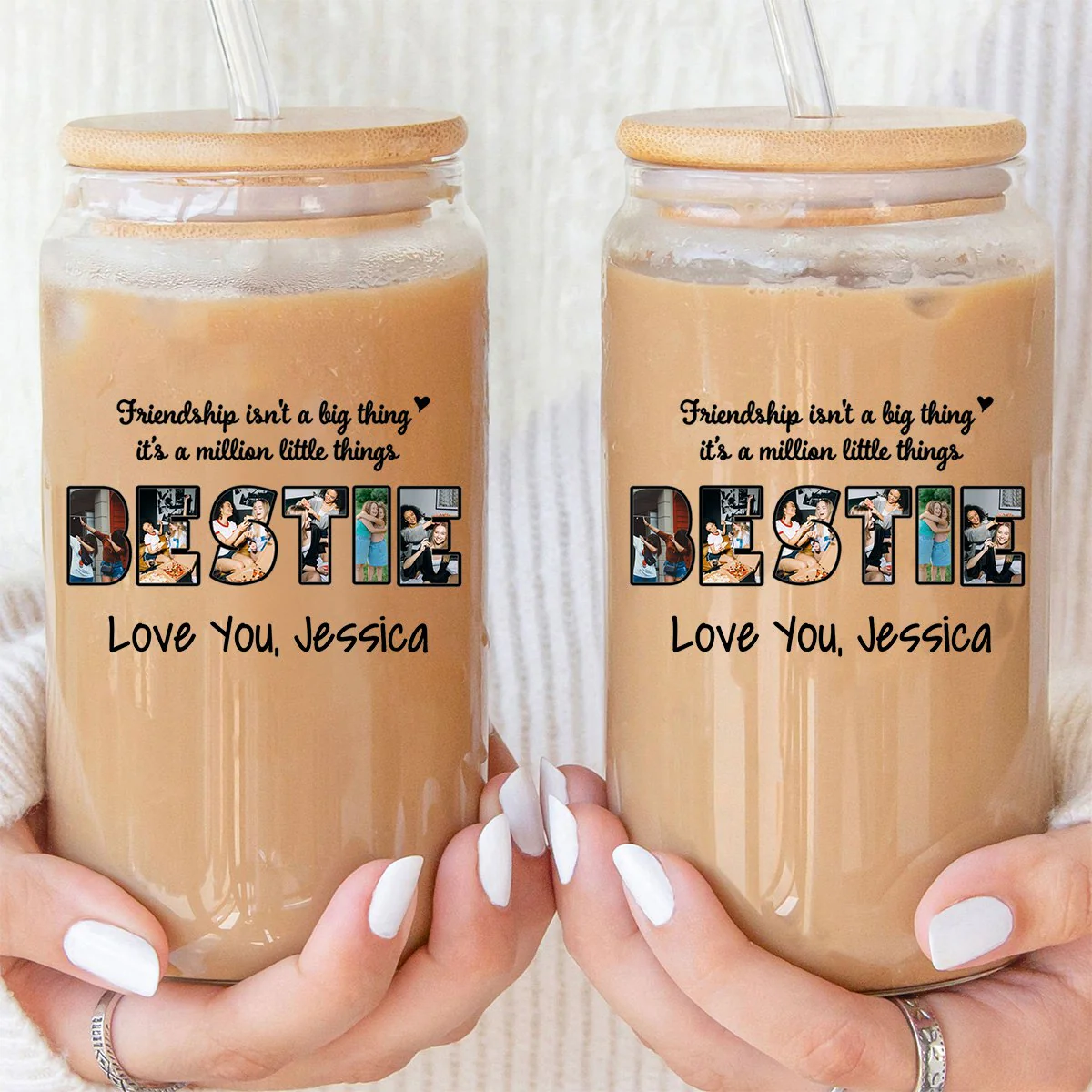 Always My Sister Forever My Friend - Personalized Photo Clear Glass Can - Image 4
