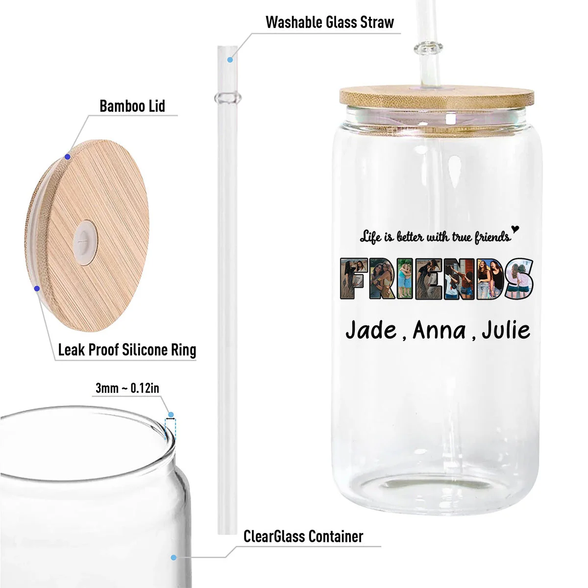 Always My Sister Forever My Friend - Personalized Photo Clear Glass Can - Image 9