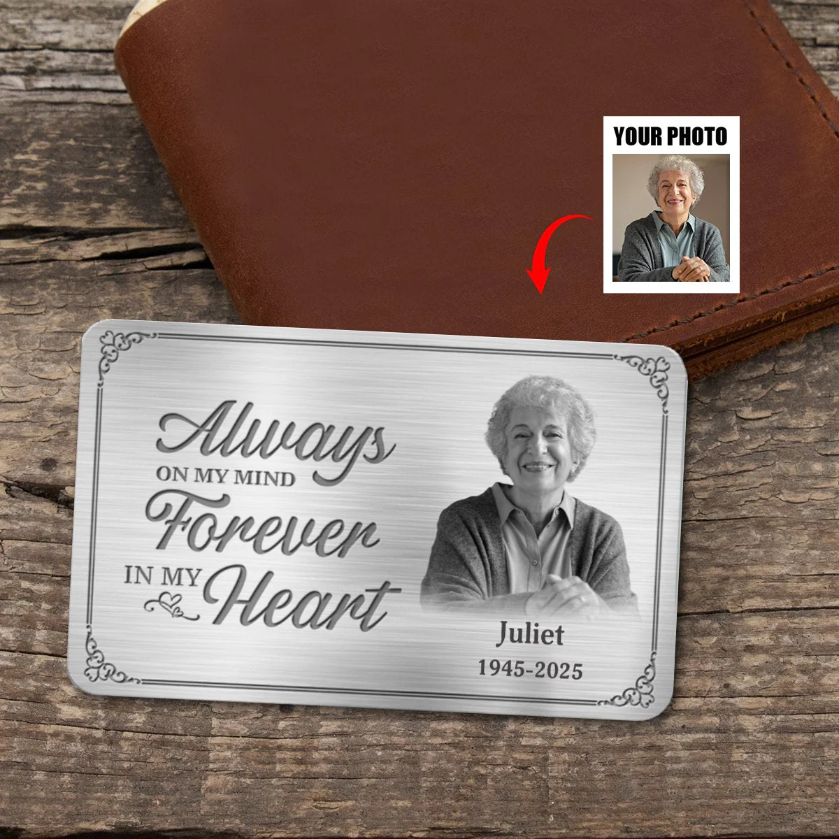 Always On My Mind Forever In My Heart - Custom Photo Memorial Personalized Aluminum Wallet Card, Sympathy Gift - Image 2