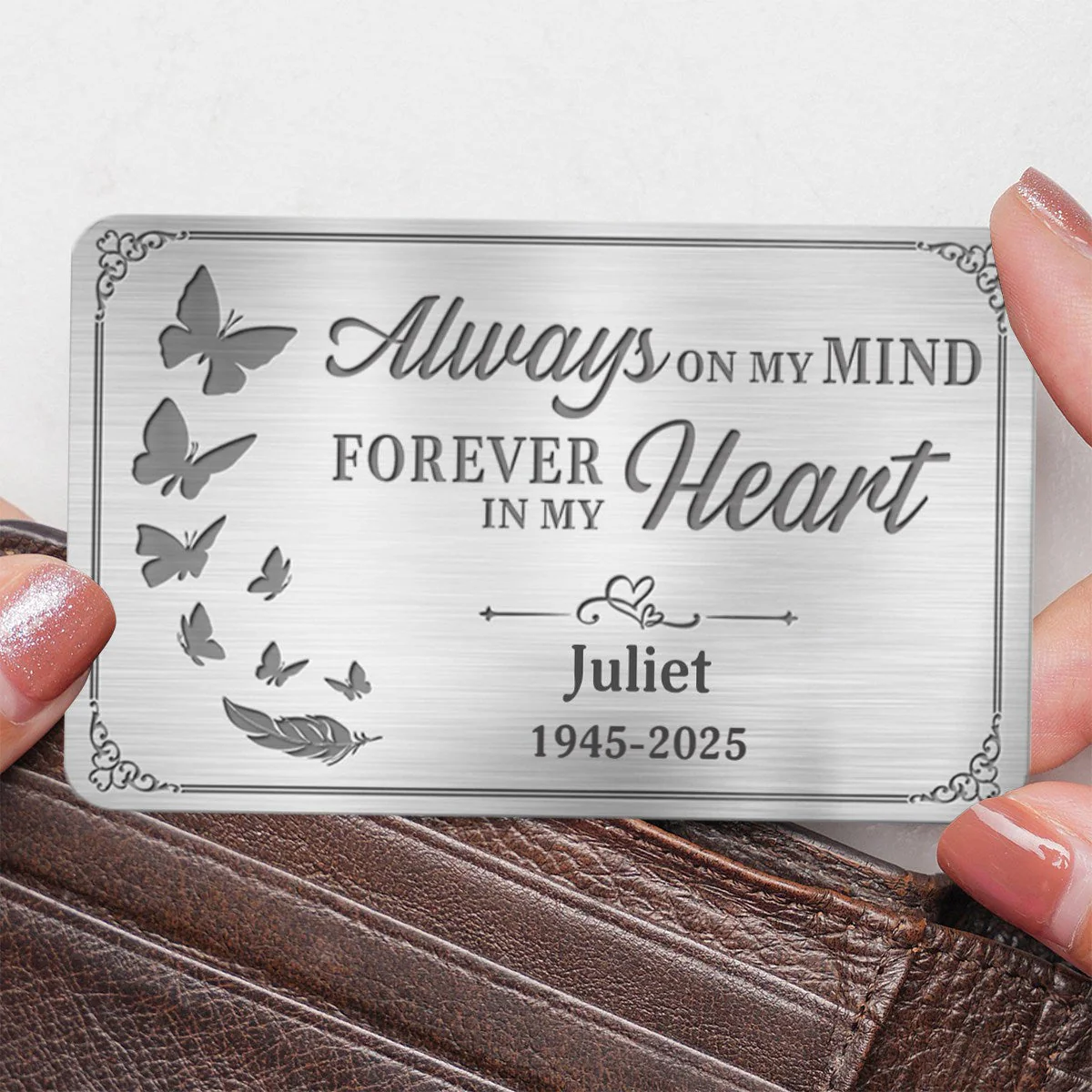 Always On My Mind Forever In My Heart - Custom Photo Memorial Personalized Aluminum Wallet Card, Sympathy Gift - Image 3