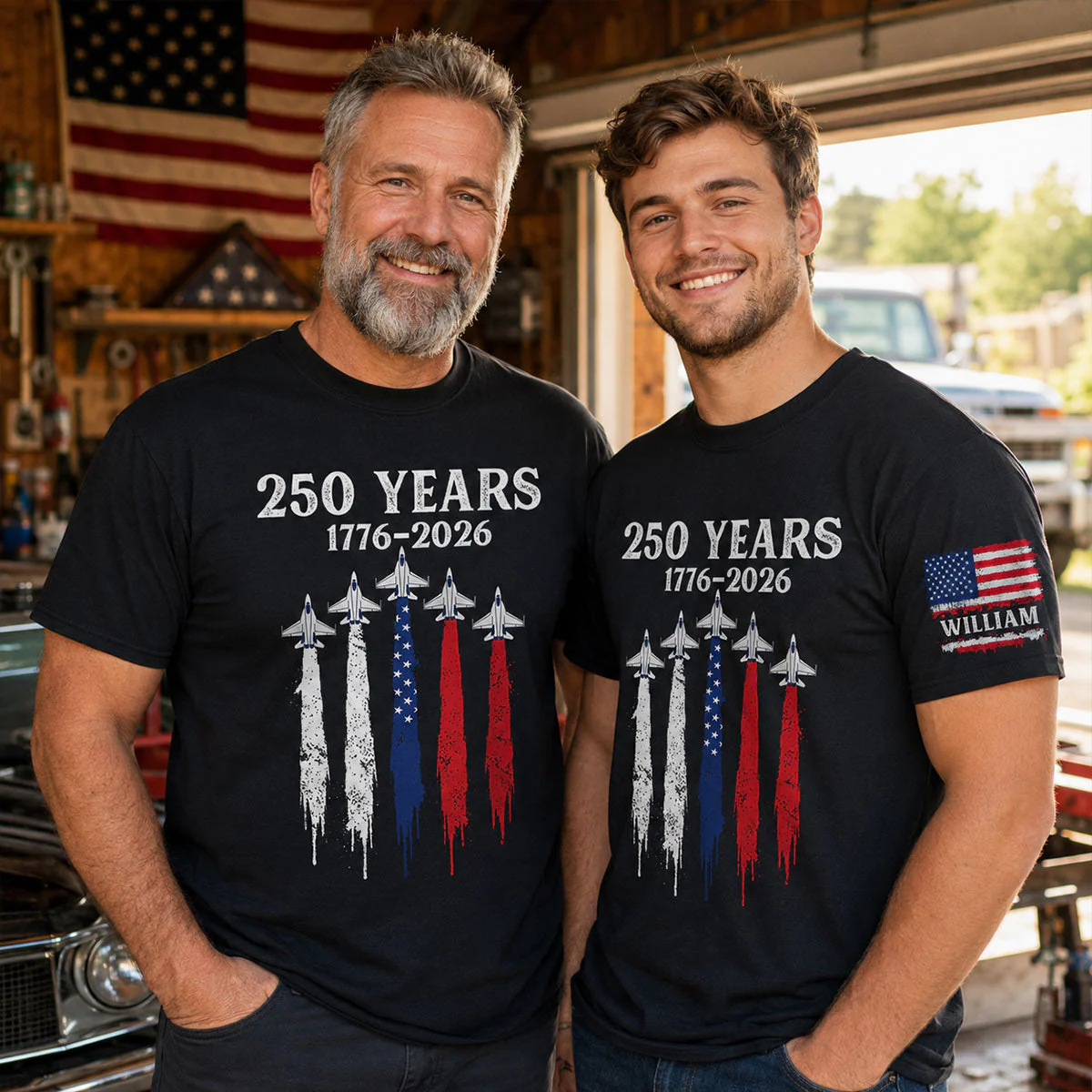 America 250th Anniversary Patriotic Jet Fighter 1776 - 2026 - Personalized Sleeve Printed Shirt - Family Matching Shirt, Patriotic Crew Shirt - Image 2