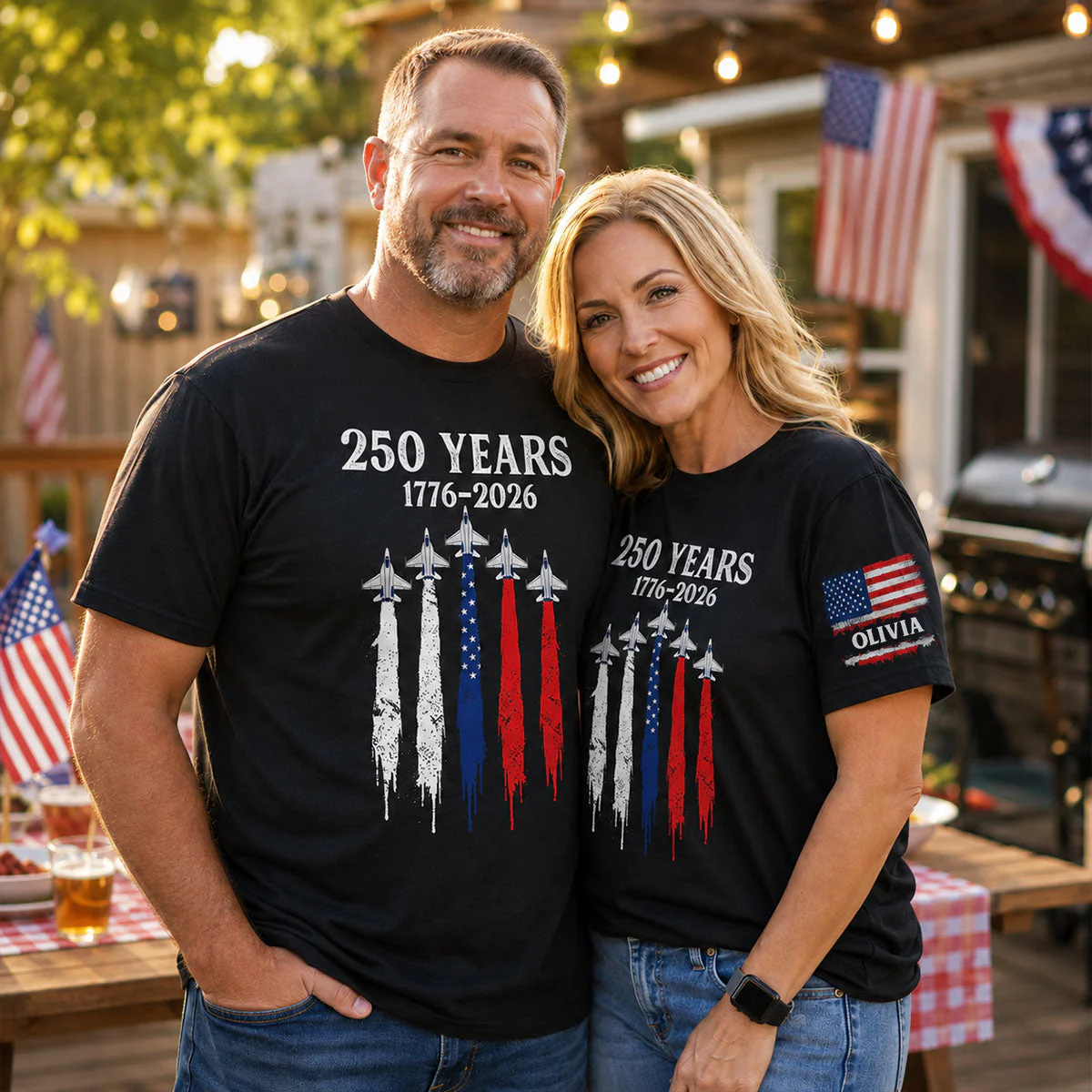 America 250th Anniversary Patriotic Jet Fighter 1776 - 2026 - Personalized Sleeve Printed Shirt - Family Matching Shirt, Patriotic Crew Shirt - Image 3