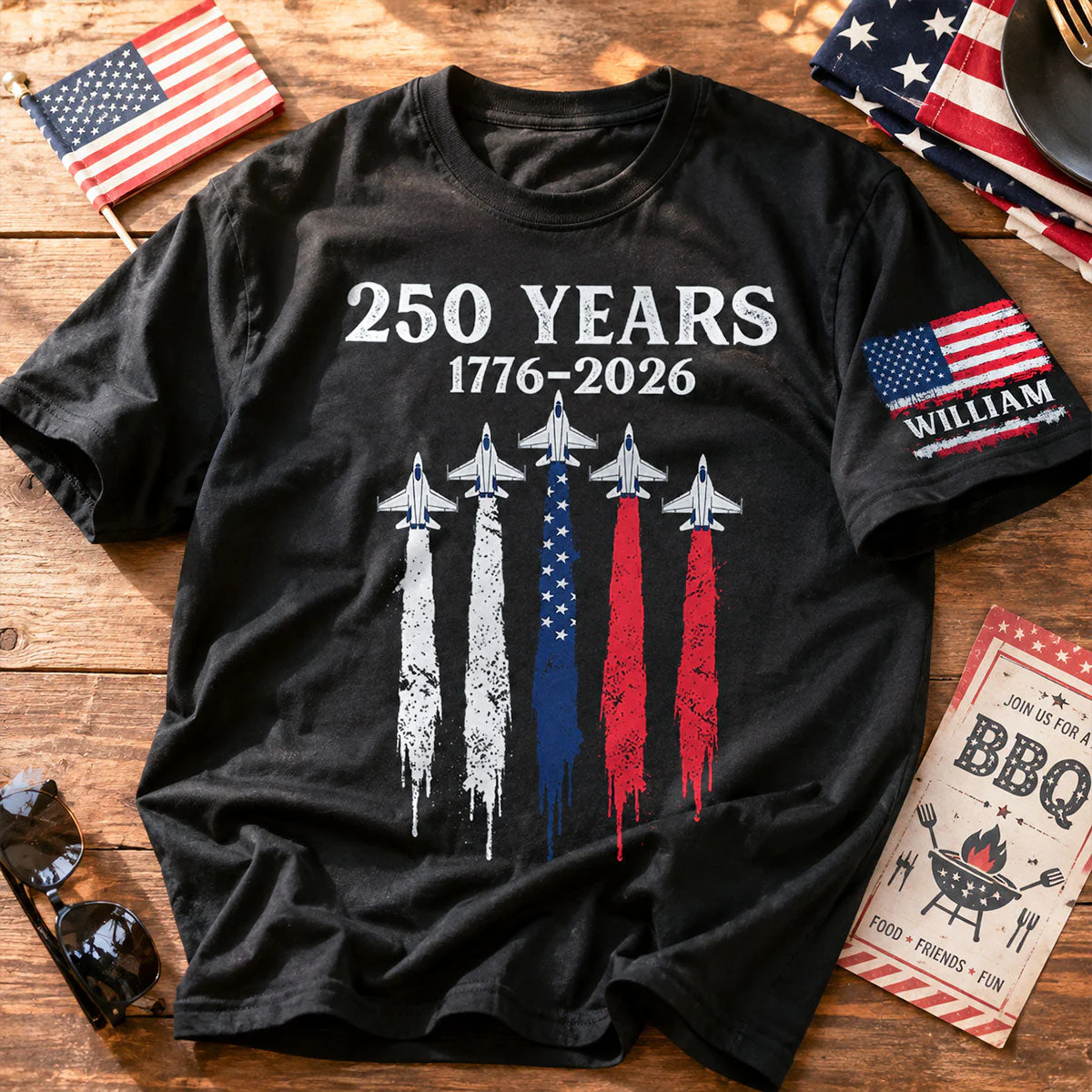 America 250th Anniversary Patriotic Jet Fighter 1776 - 2026 - Personalized Sleeve Printed Shirt - Family Matching Shirt, Patriotic Crew Shirt - Image 4