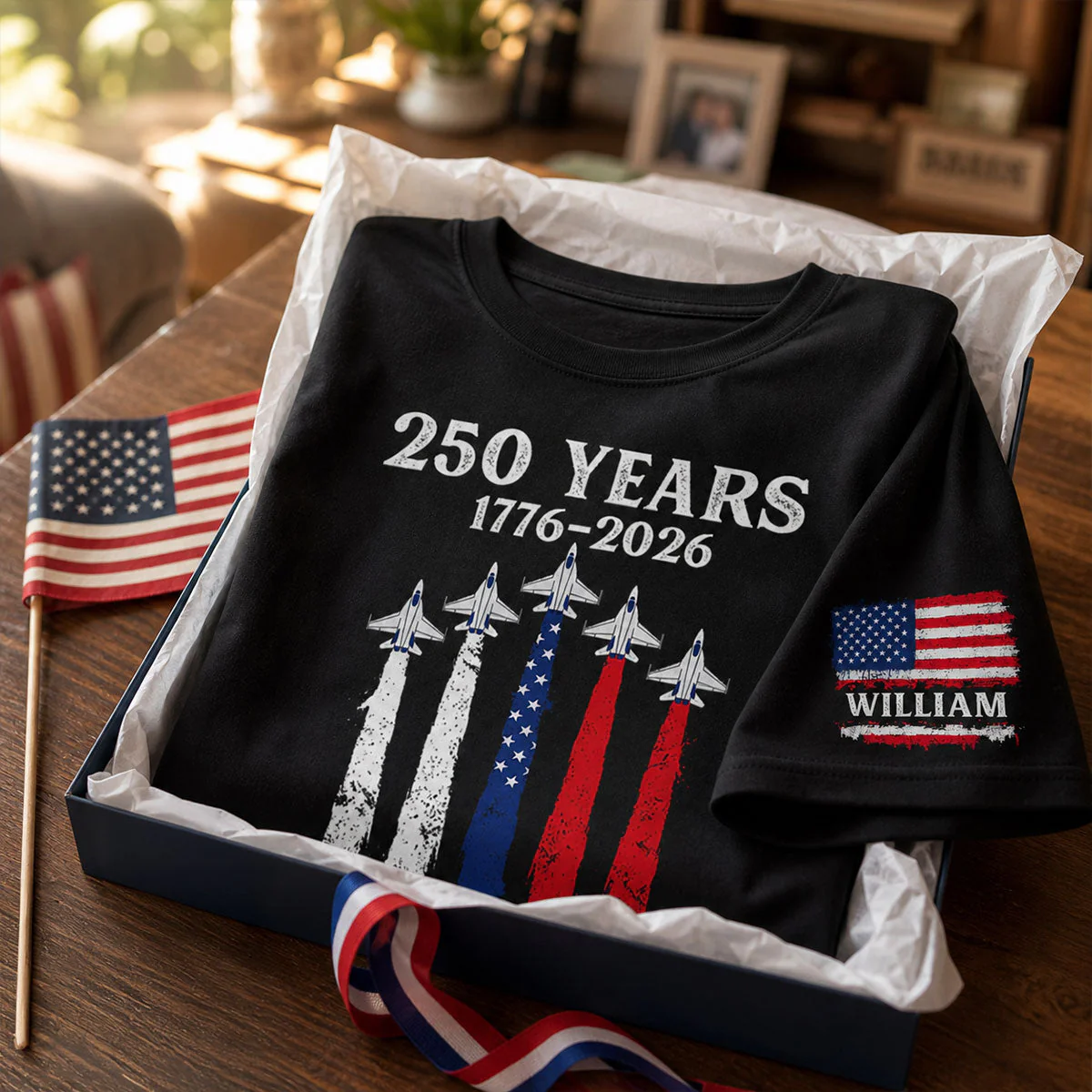 America 250th Anniversary Patriotic Jet Fighter 1776 - 2026 - Personalized Sleeve Printed Shirt - Family Matching Shirt, Patriotic Crew Shirt - Image 6