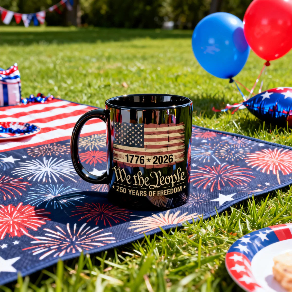 America 250th Birthday US Flag 250 Years We The People Black Mug - Image 4