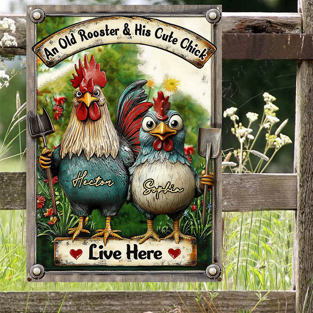 An Old Rooster & His Cute Chick Live Here - Personalized Metal Sign - Image 3