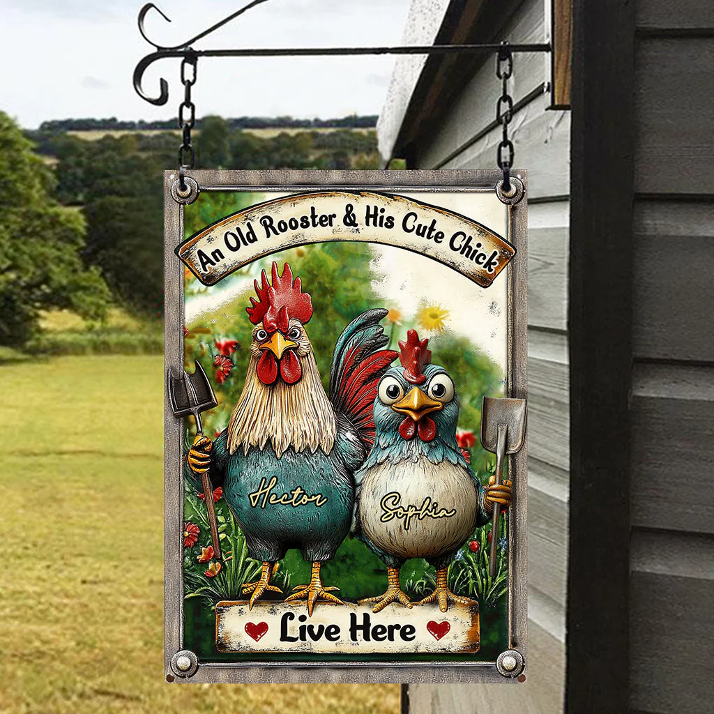 An Old Rooster & His Cute Chick Live Here - Personalized Metal Sign - Image 4