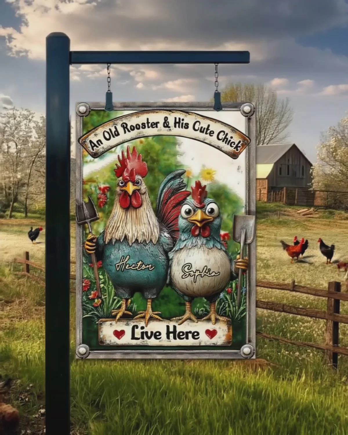 An Old Rooster & His Cute Chick Live Here - Personalized Metal Sign - Image 5