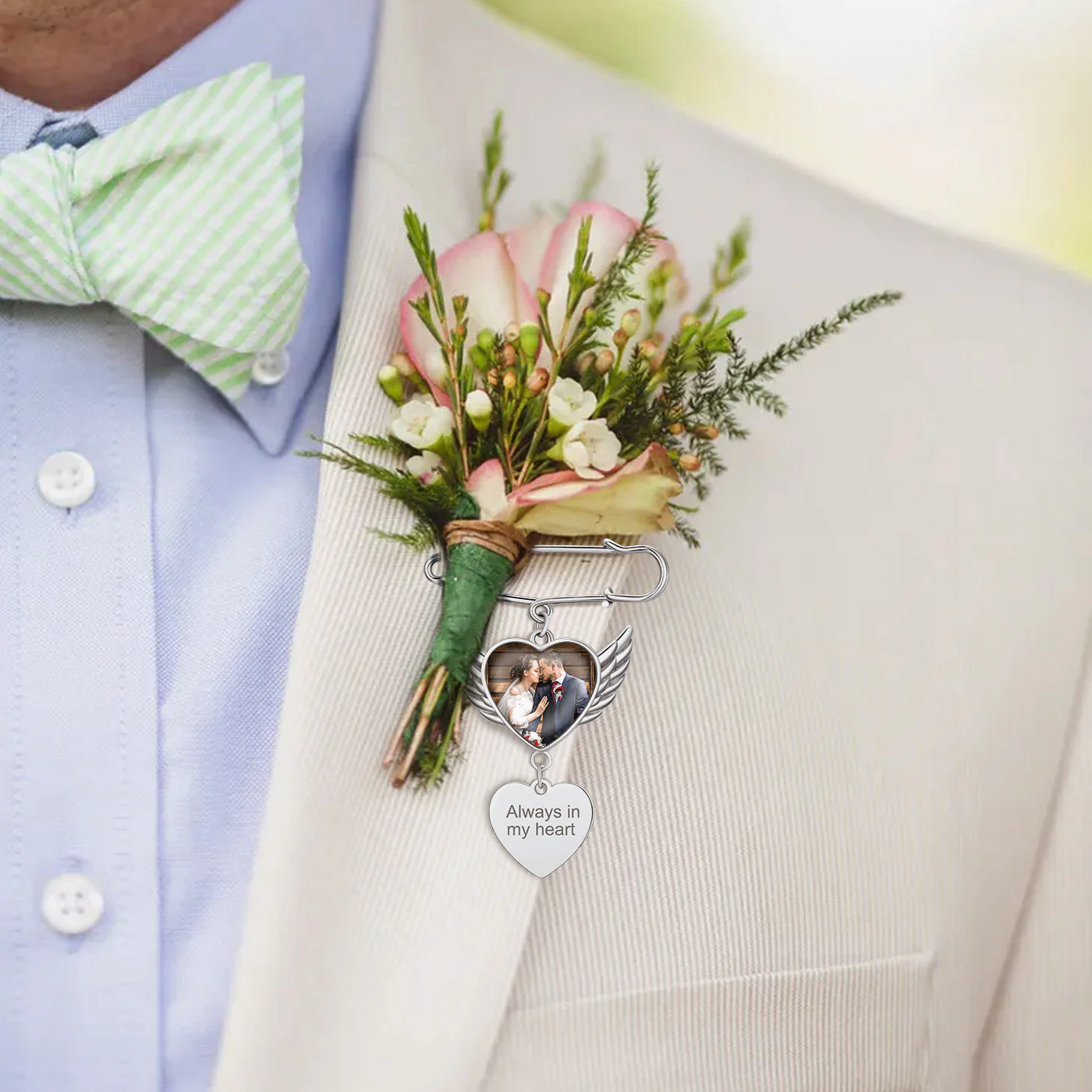 Personalized Angel Wing Wedding Bouquet Heart Picture Charms Brooch Pins - Image 2