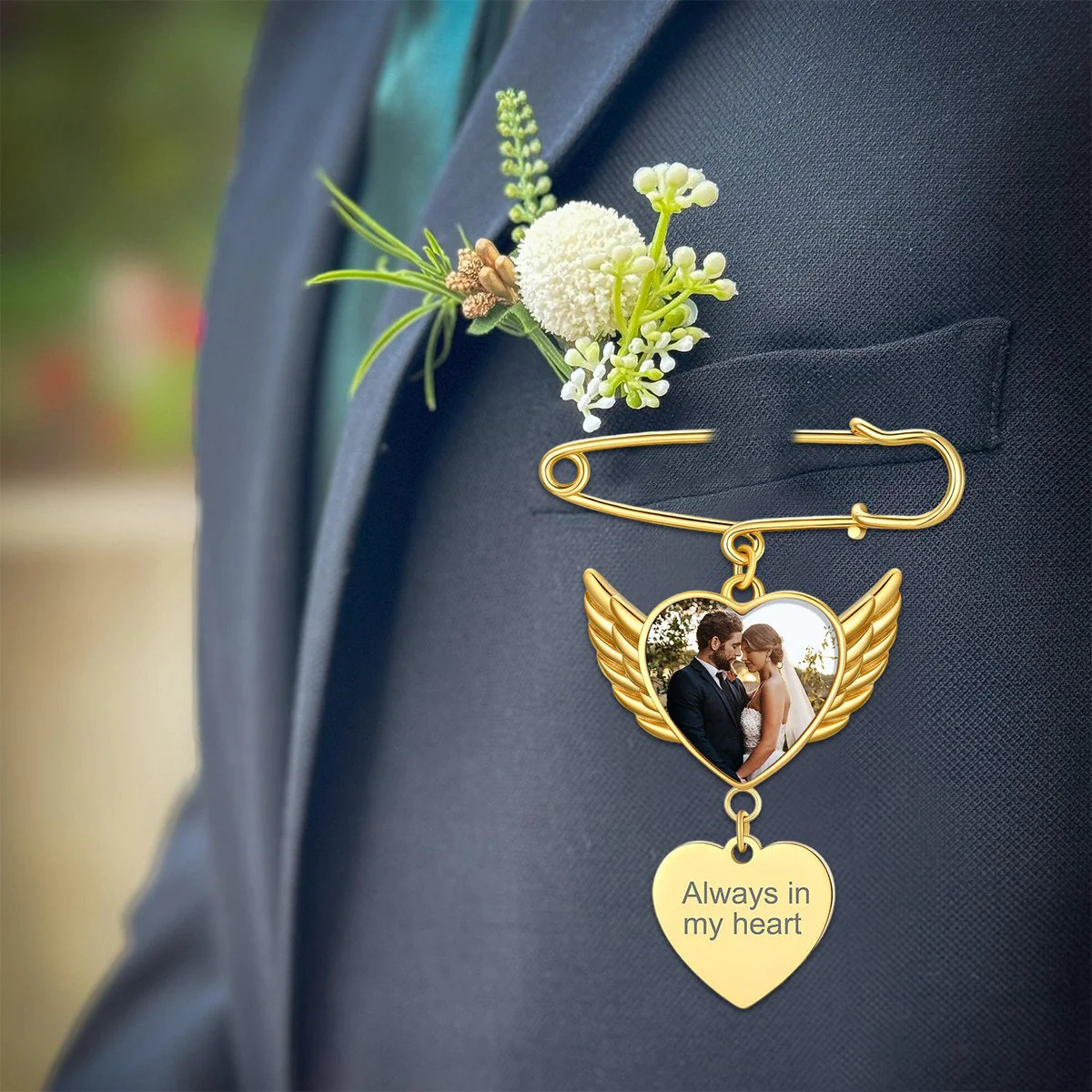 Personalized Angel Wing Wedding Bouquet Heart Picture Charms Brooch Pins - Image 3