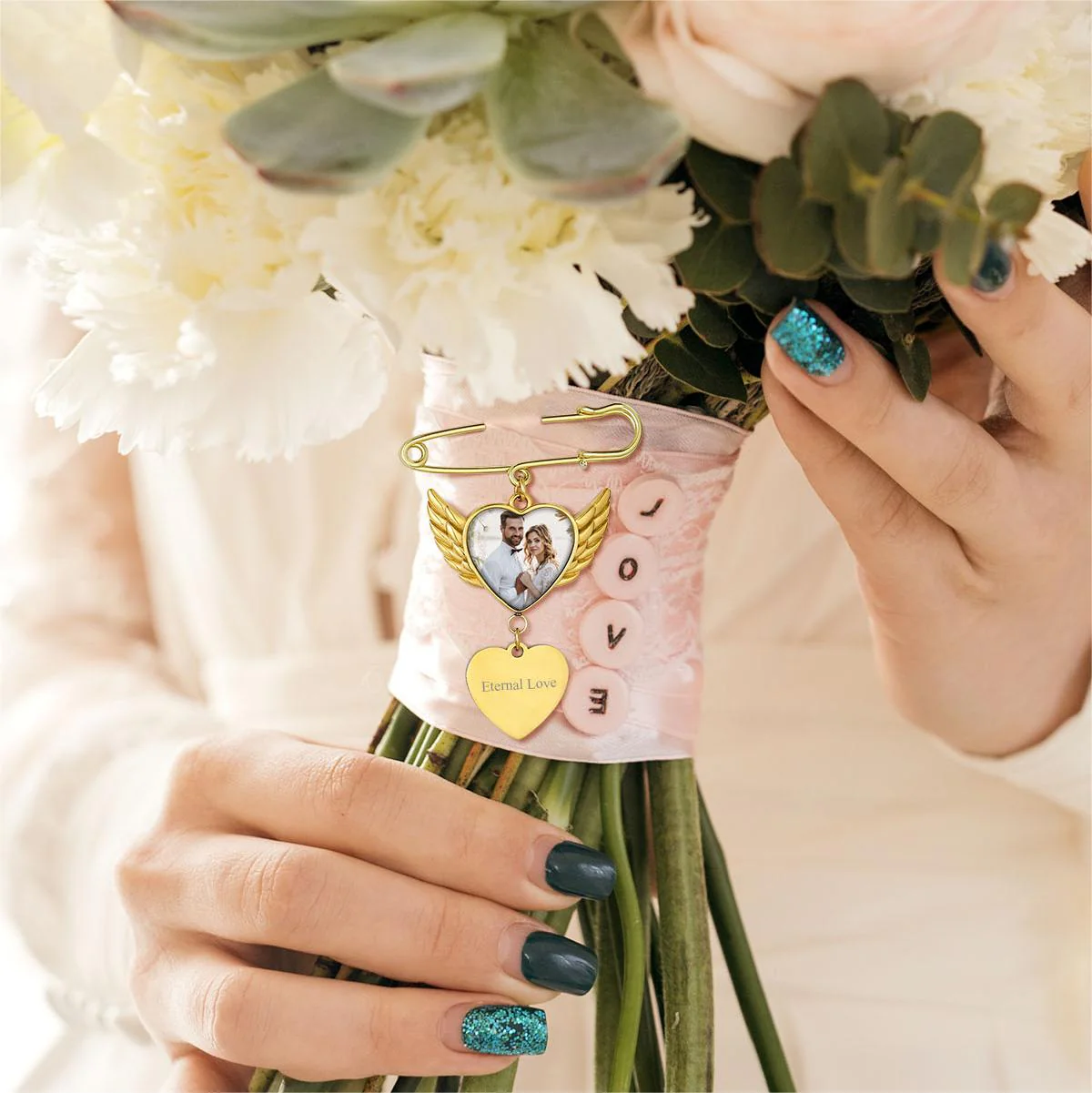 Personalized Angel Wing Wedding Bouquet Heart Picture Charms Brooch Pins - Image 4