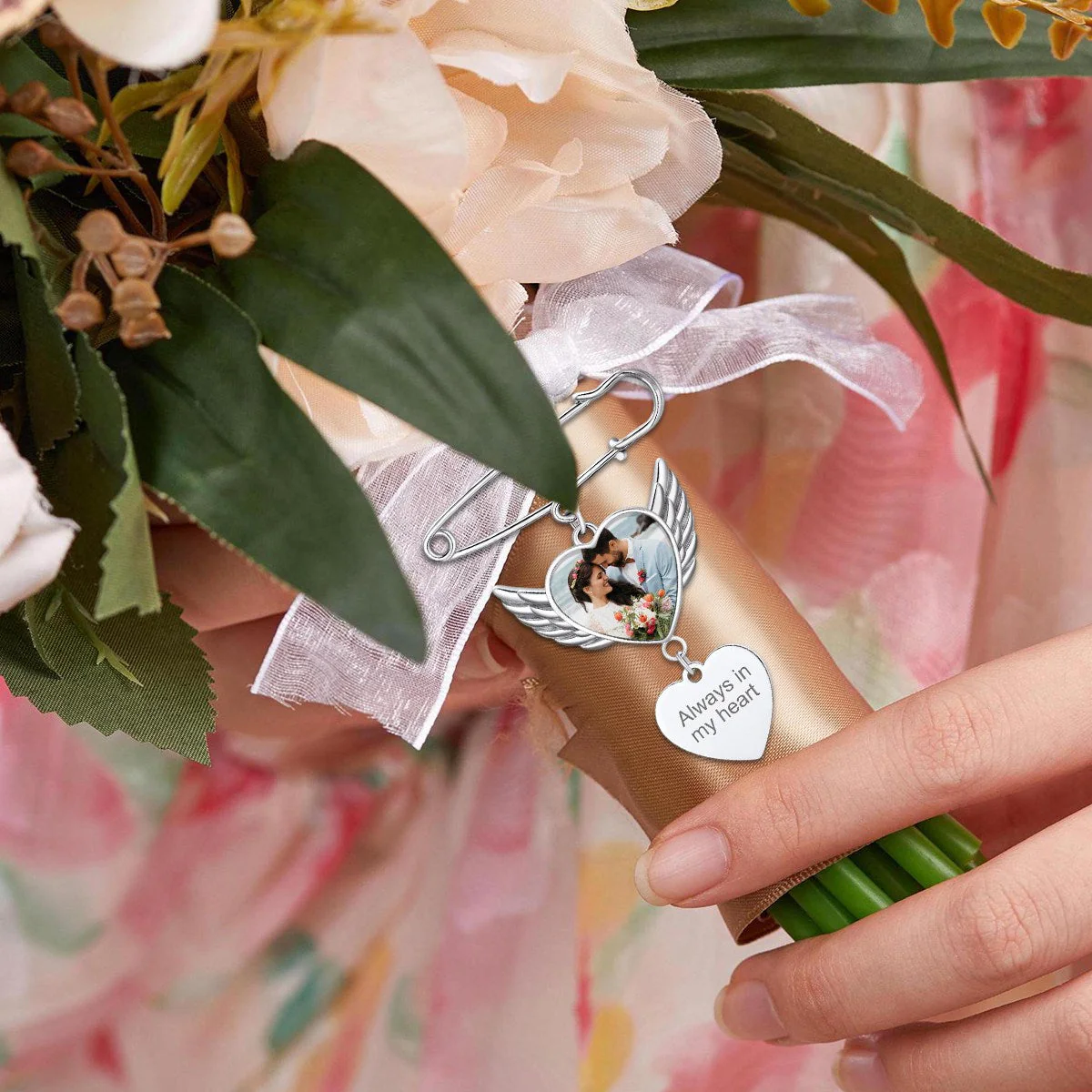 Personalized Angel Wing Wedding Bouquet Heart Picture Charms Brooch Pins - Image 5