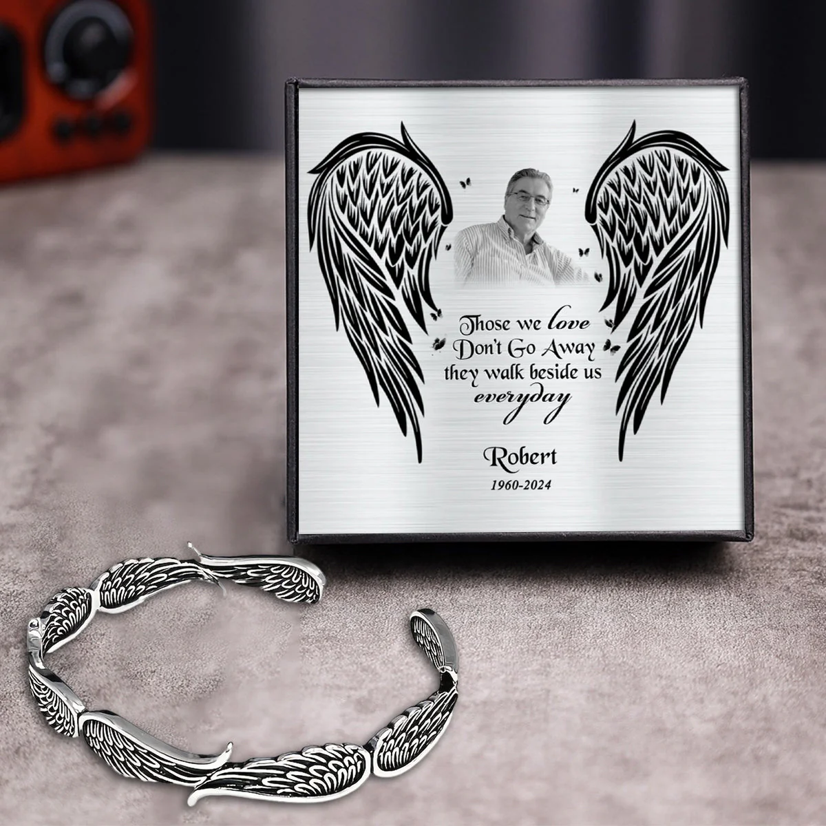 Angel Wings Vintage Style Bracelet with Personalized Memorial Photo Metal Card - Image 5