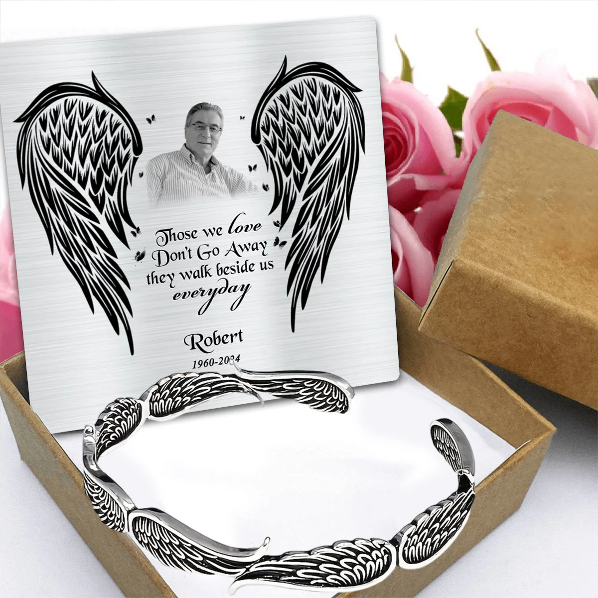 Angel Wings Vintage Style Bracelet with Personalized Memorial Photo Metal Card - Image 6
