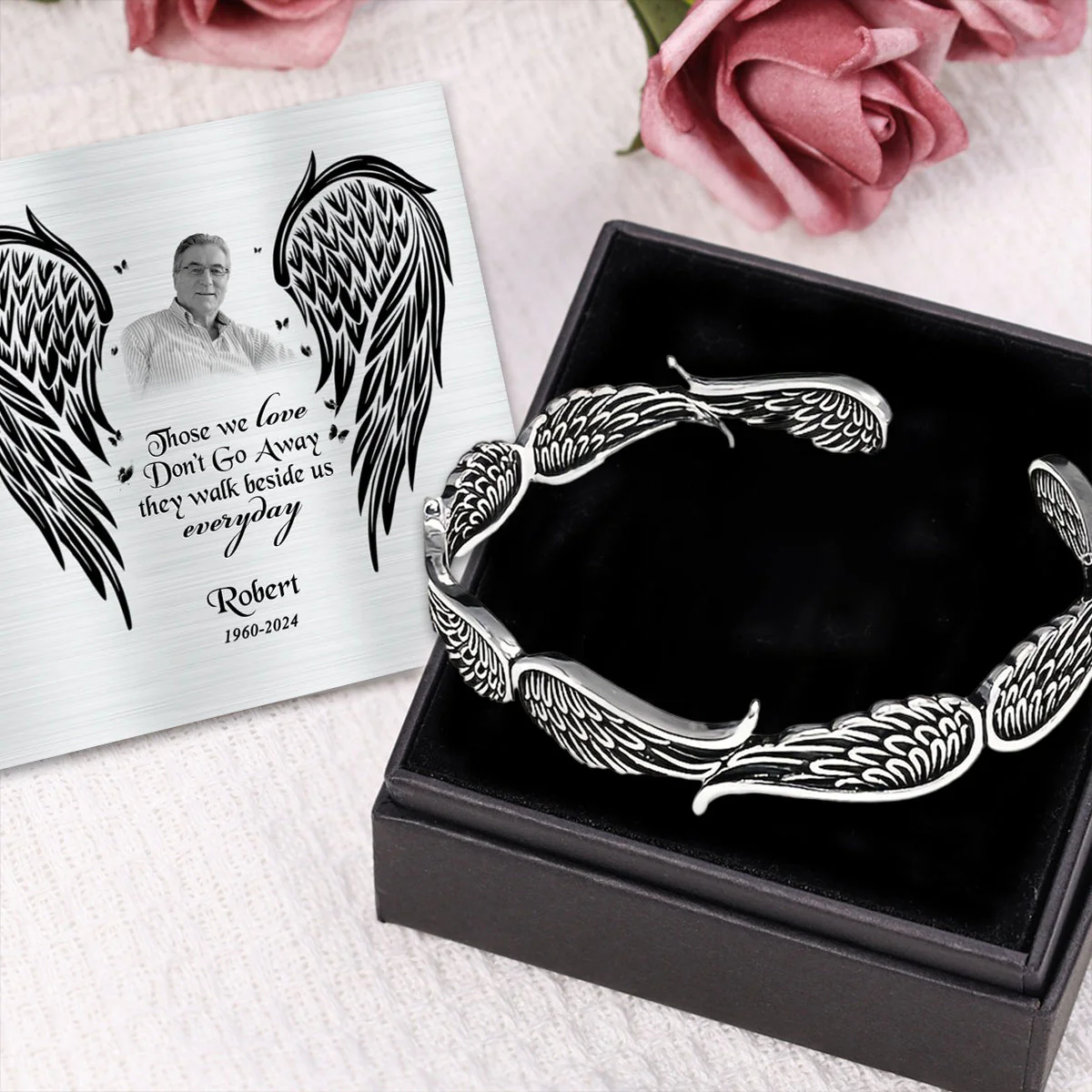 Angel Wings Vintage Style Bracelet with Personalized Memorial Photo Metal Card - Image 7