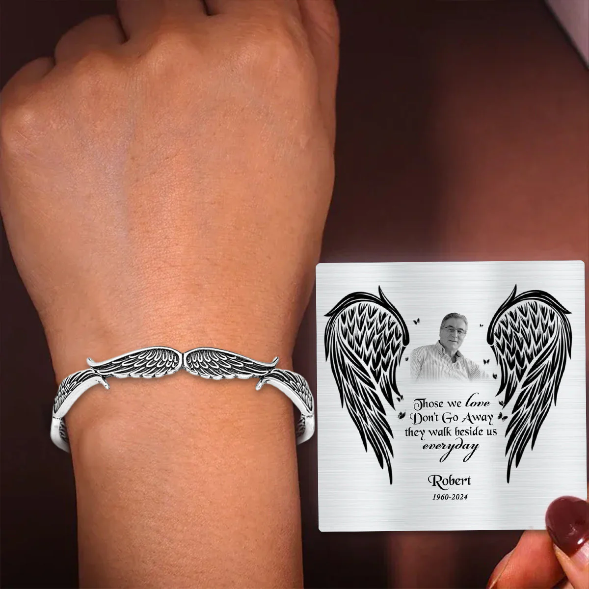 Angel Wings Vintage Style Bracelet with Personalized Memorial Photo Metal Card - Image 9