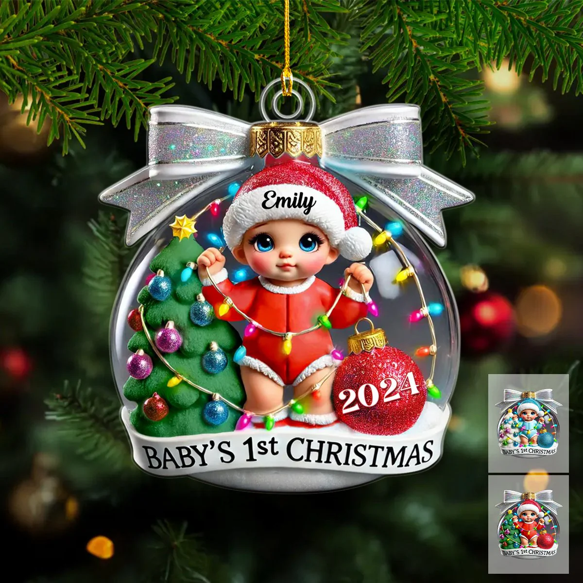 Baby First Christmas Personalized Acrylic Ornament, Christmas Tree Bow, New Parents Keepsake, Gift for Newborn - Image 2