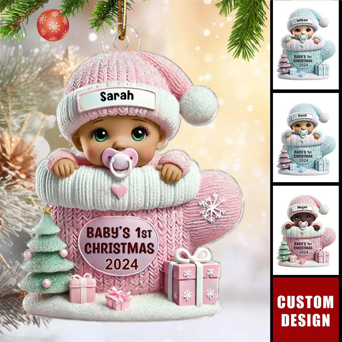 Baby In Mitten - Baby's First Christmas Personalized Acrylic Ornament - Image 2