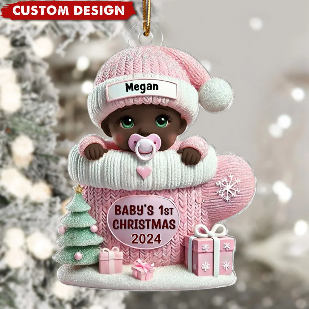 Baby In Mitten - Baby's First Christmas Personalized Acrylic Ornament - Image 3