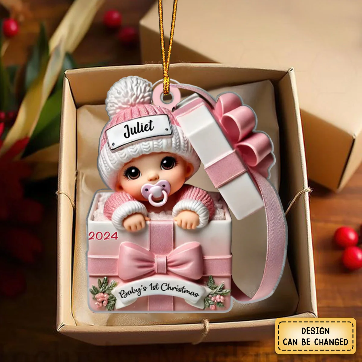 Baby Inside Gift Box Personalized Acrylic Ornament, Lovely Keepsake to Celebrate Baby's First Christmas - Image 4