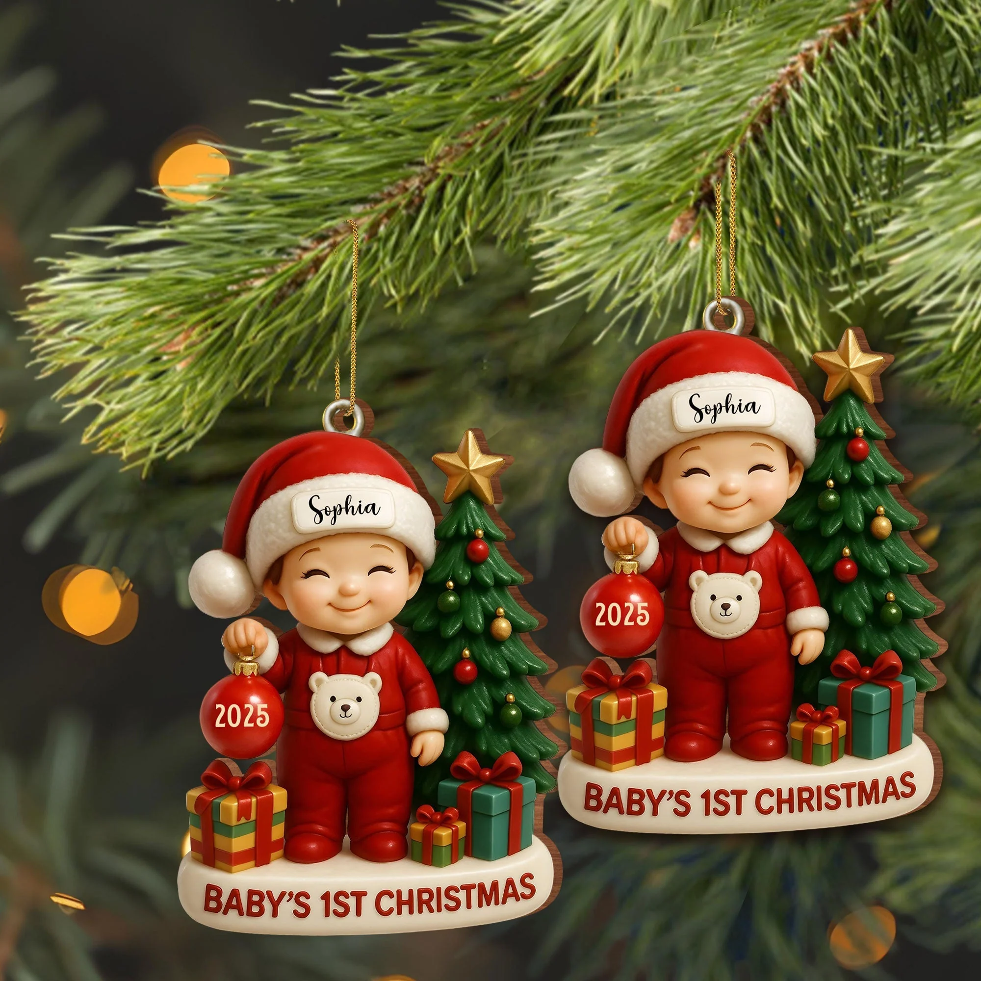 Baby’s 1st Christmas With Tree and Gifts, Personalized Custom Wood Ornament - Image 2