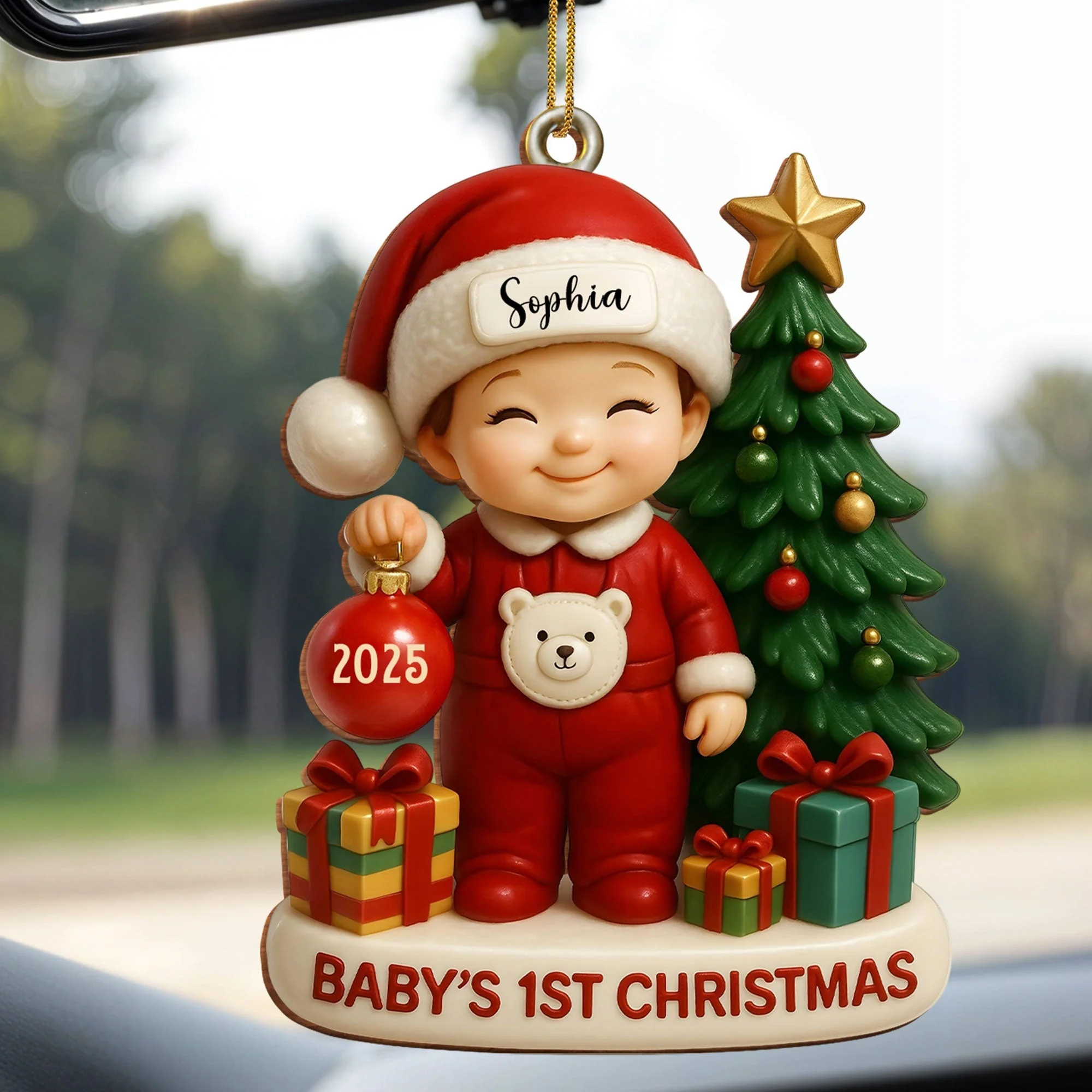 Baby’s 1st Christmas With Tree and Gifts, Personalized Custom Wood Ornament - Image 3